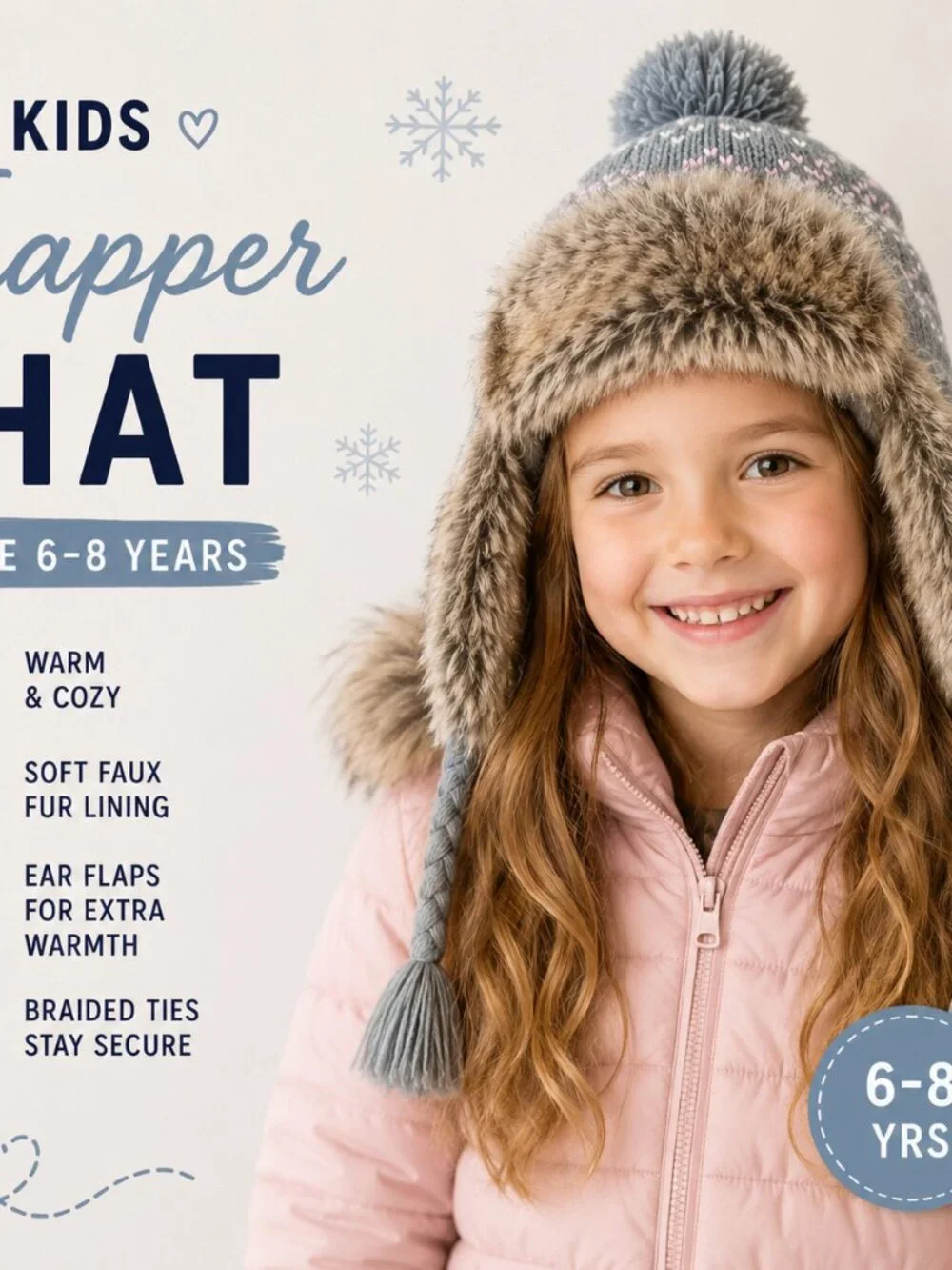 Kids Faux Fur Trapper Hat Gray Brown Pom Pom Winter Hat